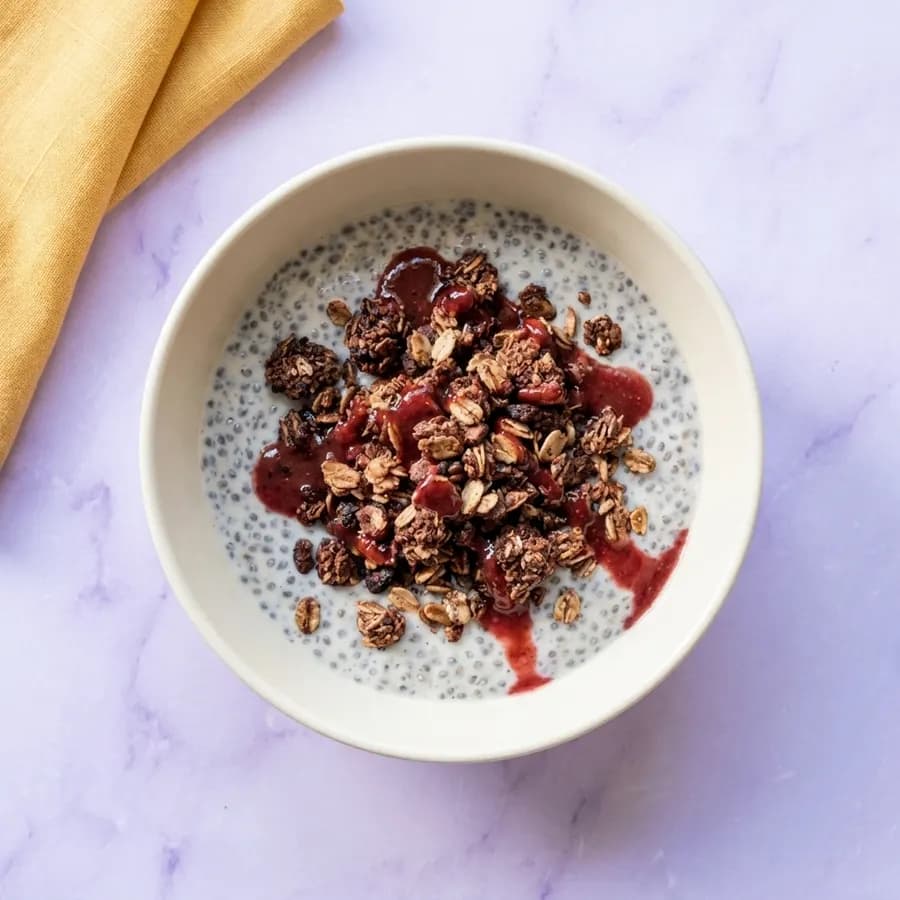 Chia Pudding with Choc Granola & Strawberries